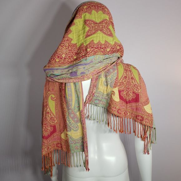 Very Colorful & Versatile Paisley Print 71" x 17" Scarf with 2.5" Tassels - Picture 7 of 16